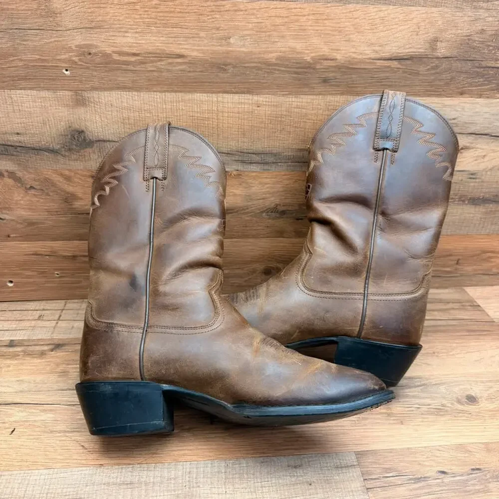 Ariat Boot Mens 9D Brown Leather Almond Toe Mid-Calf Pull On Western Cushion
